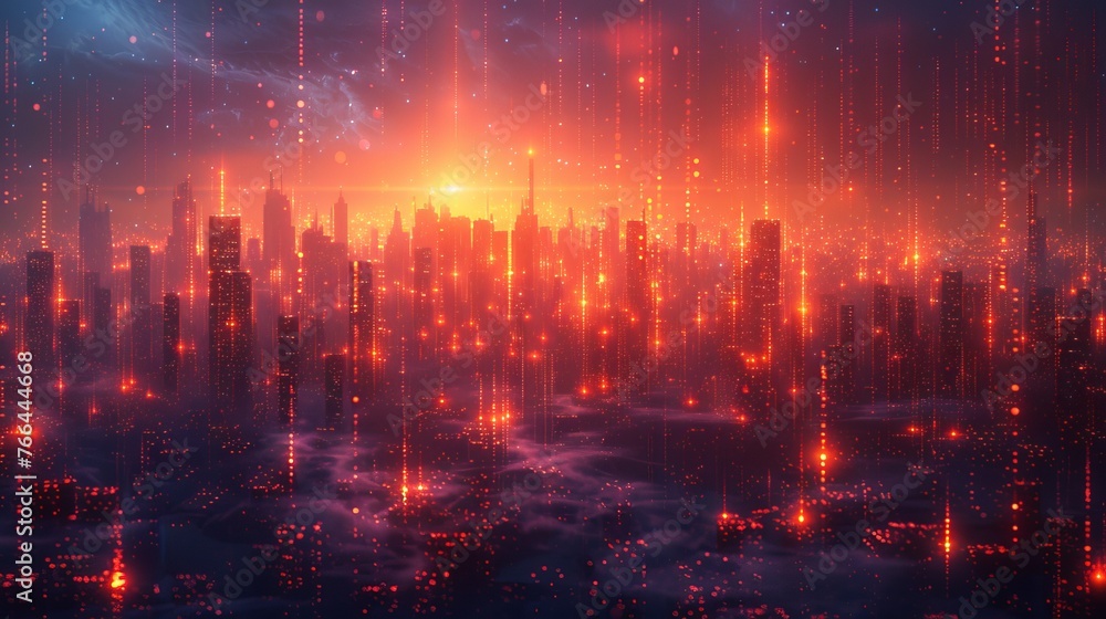 Poster futuristic depiction of a digitally advanced city with extensive high-speed fiber network coverage, 