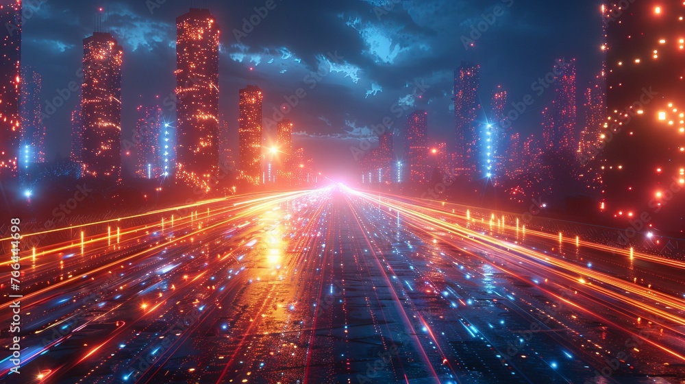 Poster futuristic depiction of a digitally advanced city with extensive high-speed fiber network coverage, 