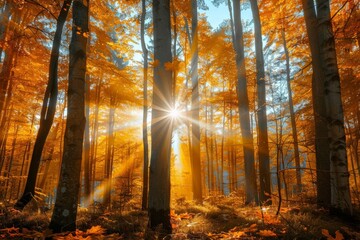 Sun Shining Through Trees in Forest