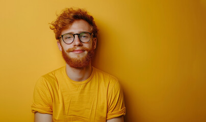 Fototapeta premium A man with a beard and glasses is smiling at the camera. He is wearing a yellow shirt. Attractive ginger man wearing yellow tshirt and glasses. Isolated on yellow background