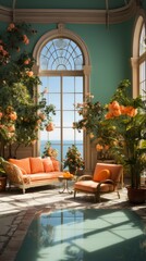 Fototapeta na wymiar Elegant sunroom with large windows overlooking the ocean
