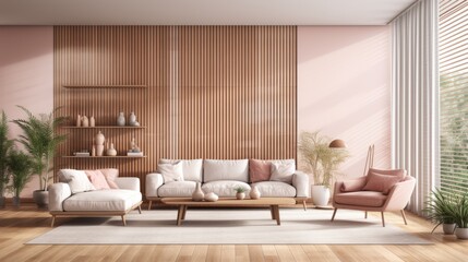Modern minimalist living room interior with sofa, coffee table, armchair, plants and wooden slatted wall paneling - obrazy, fototapety, plakaty
