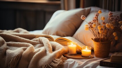 A cozy bedroom with a soft blanket, a book, and candles