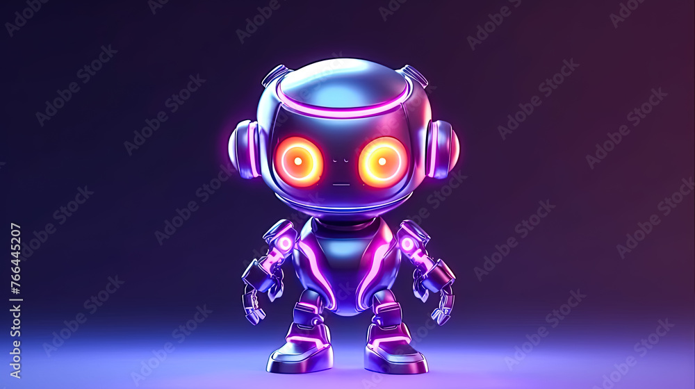 Poster a robot with red eyes stands in front of a dark background
