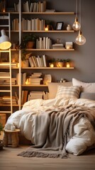 Cozy bedroom with bookshelves and a comfortable bed