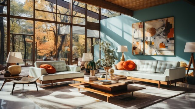 Retro home interior with large windows and colorful paintings