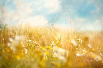 Fotobehang Gold wheat field with blue sky and bright sunlight, peaceful landscape background illustration. A beautiful calm sunny summer day in blur art photography style. © Graphicsnice