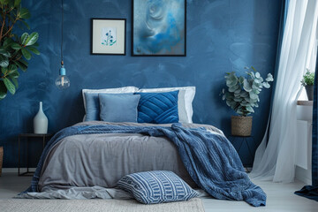 Stylish bedroom interior in trendy blue 