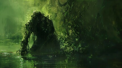 The Gill-man from the depths of the Amazon, lurking in the shadows, watching explorers from the water's edge