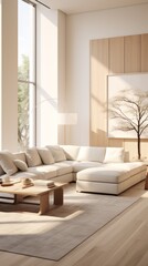 Bright airy living room with large windows and minimalist decor