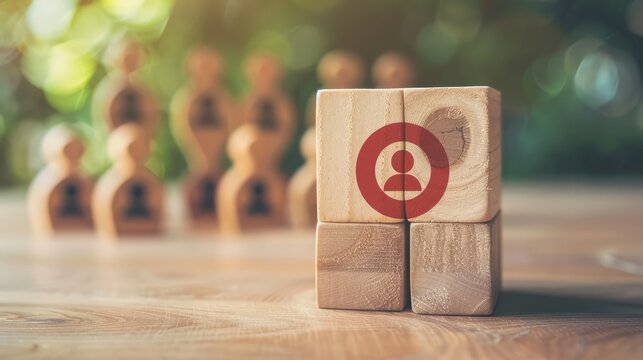 Customer relationship management Wooden block with target icon linked to human icon for customer target group development of information exchange