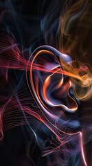 Zoomedin image of a bioengineered ear with sound wave sensors, representing nextgen auditory implants