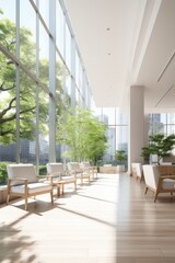 Fototapeta premium Bright and Airy Lobby with Modern Furniture and Large Windows