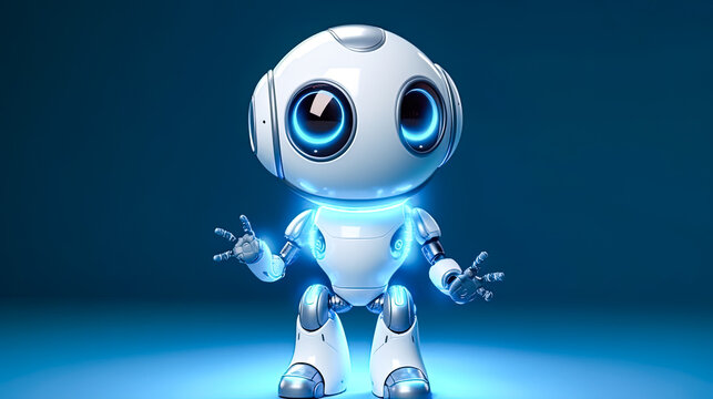 A robot with blue eyes stands in front of a blue background