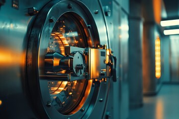 A bank vault with a silent alarm, notifying police discreetly when unauthorized access is attempted during a heist - obrazy, fototapety, plakaty