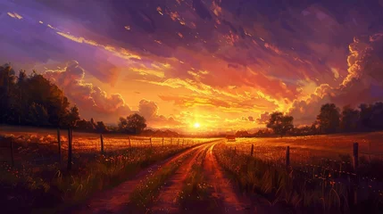 Foto op Canvas Breathtaking sunset casting a warm golden glow over a tranquil countryside landscape, painting the sky with hues of orange and purple. © Balqees