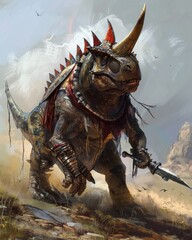 A Carnotaurus as a Zulu warrior, its powerful build and horns adding to the ferocity of its charge