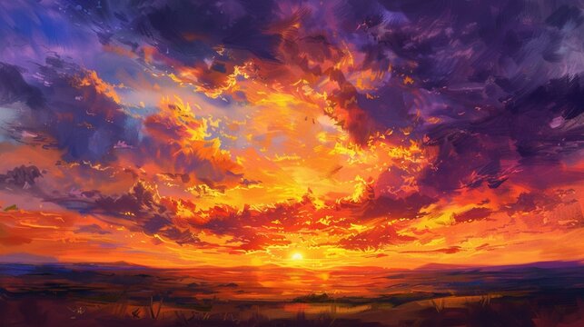 Breathtaking sunset casting a warm golden glow over a tranquil countryside landscape, painting the sky with hues of orange and purple.