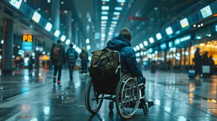 A wheelchair user traveling independently through an airport with the assistance of airport staff and accessible facilities
