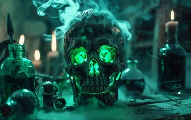 A close-up of a skull with green, glowing eyes, surrounded by vials of poisonous potion and creeping smoke in a gothic setting - obrazy, fototapety, plakaty