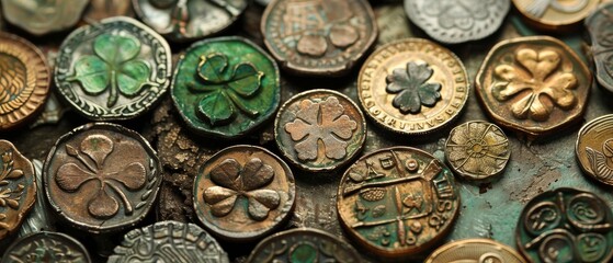Fototapeta na wymiar A collection of antique Irish coins and shamrock emblems, exhibited for Saint Patrick's Day