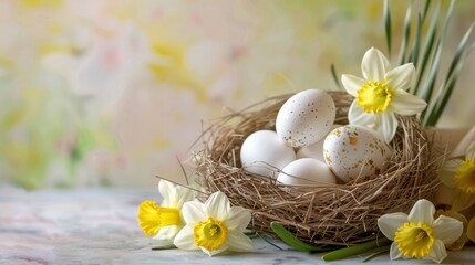 Yellow and white Easter eggs in a basket, bird's nest and yellow daffodils