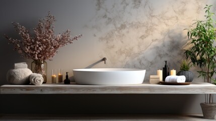 Bathroom interior with a vessel sink, wooden vanity, and marble wall tiles