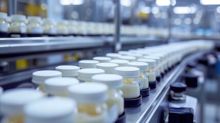 A detailed view of an ointment filling line in a cleanroom illustrating the careful handling of topical pharmaceutical products - obrazy, fototapety, plakaty