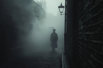 A foggy Victorian London alley, with the shadowy figure of Jack the Ripper looming, his silhouette barely visible in the mist