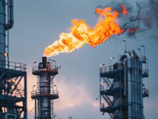 A detailed view of a gas flare stack in a refinery highlighting the process of burning excess gases to reduce emissions - obrazy, fototapety, plakaty