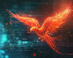 A digital phoenix rising from binary ashes, representing rebirth and evolution in the technological era