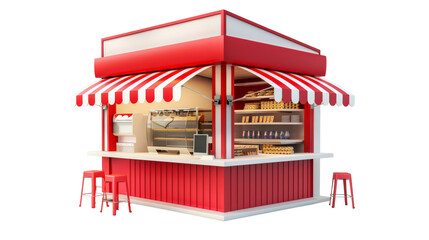A charming small red and white food stand with a matching awning standing out in a bustling street scene