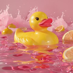 A giant rubber duck floating in a sea of pink lemonade