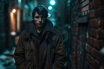 Mysterious Man in Dark Coat Standing in Night Alley - obrazy, fototapety, plakaty