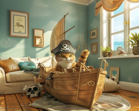 An amusing 3D depiction of a cat dressed as a pirate, navigating a cardboard ship in a living room sea