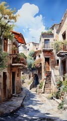 An illustration of a narrow street in a Mediterranean village