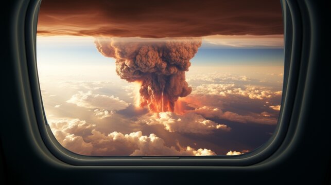 A mushroom cloud from a nuclear explosion as seen from an airplane window