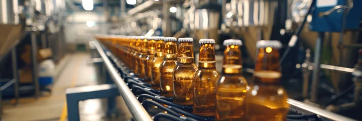 Foto op Plexiglas Bottles of beer on a brewery conveyor belt, with machinery and equipment in the background © AlfaSmart