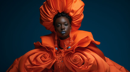 Black beauty fashion photo. A futuristic-looking woman in a orange baroque dress