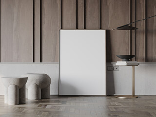 Mock-up poster in living room minimalism interior style, 3d illustration.