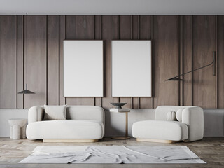 Mock-up poster in living room minimalism interior style, 3d illustration.