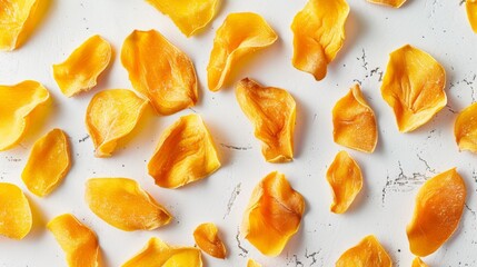 Creative composition of dried mango slices arranged in a pattern on a white background