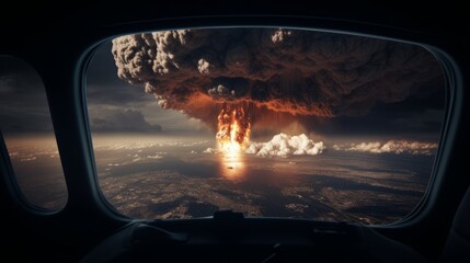 Nuclear explosion seen from airplane window - obrazy, fototapety, plakaty