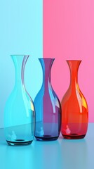 Three glass vases of different colors placed on a blue and pink background