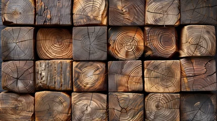 Rolgordijnen Stacked Wooden Logs Showcasing Natural Grain Patterns © OKAN