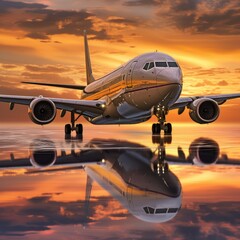 airplane landing on runway at sunset with reflection on water - obrazy, fototapety, plakaty