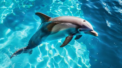 Close-up of a dolphin swimming gracefully in crystal-clear blue waters