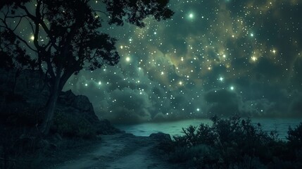 Bright stars illuminating the darkness, guiding travelers on their journey. - obrazy, fototapety, plakaty