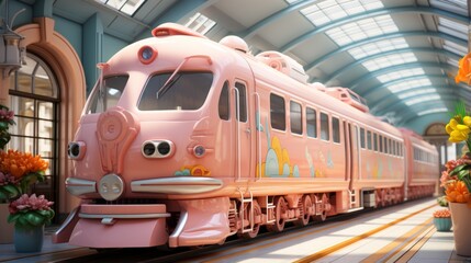 Naklejka premium A pink cartoon train sits in a station