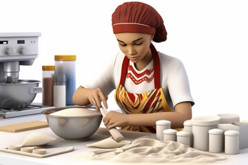 Black female chef wearing red toque and apron kneads dough on a table